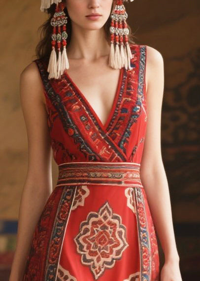 Fashion Red V Neck Print Chiffon Tunic Dress Sleeveless