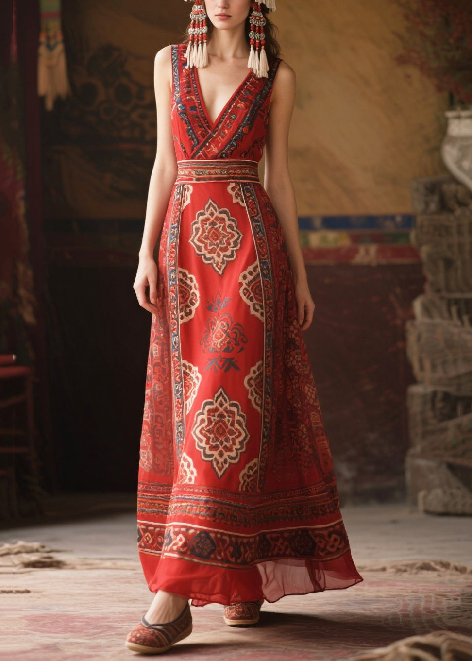 Fashion Red V Neck Print Chiffon Tunic Dress Sleeveless