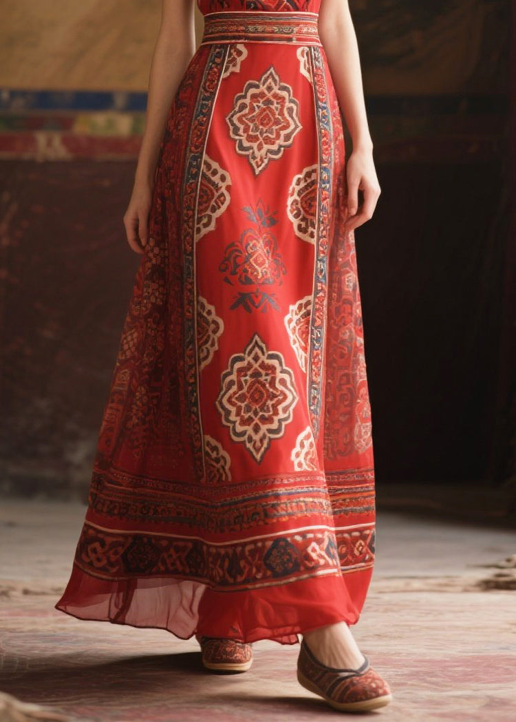 Fashion Red V Neck Print Chiffon Tunic Dress Sleeveless