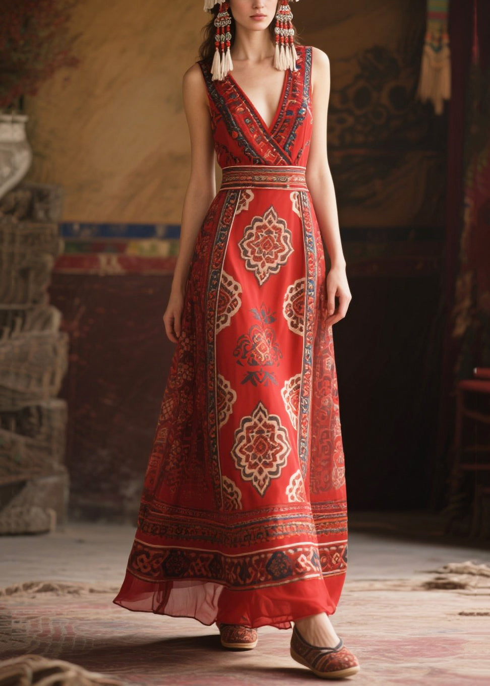 Fashion Red V Neck Print Chiffon Tunic Dress Sleeveless