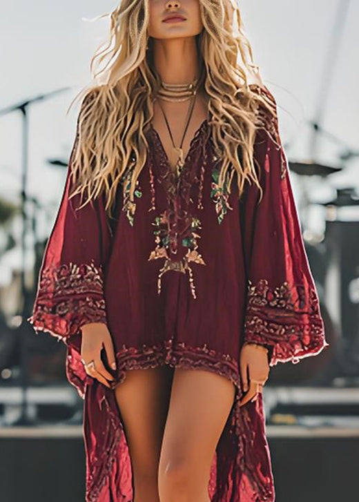 Fashion Red V Neck Print Low High Design Cotton Dresses Spring