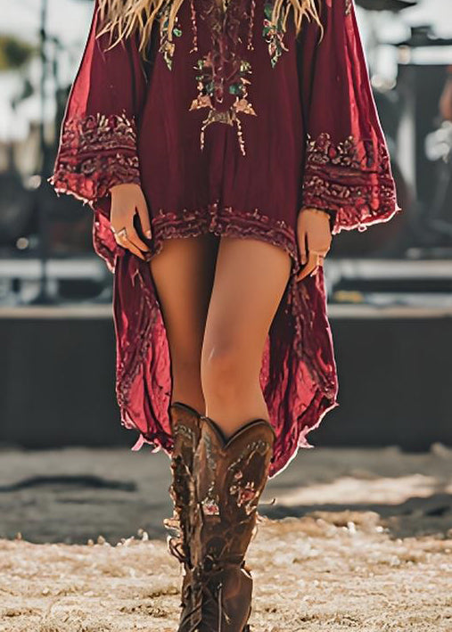 Fashion Red V Neck Print Low High Design Cotton Dresses Spring