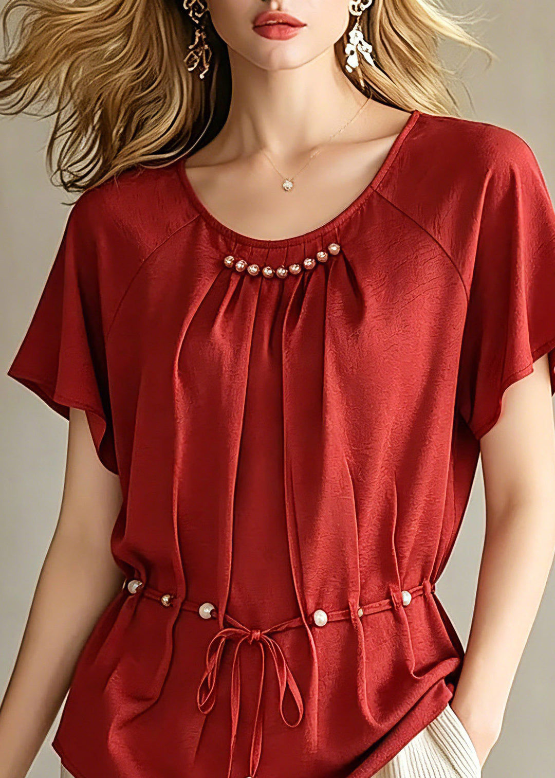 Fashion Red Wrinkled Tie Waist Chiffon Top Short Sleeve