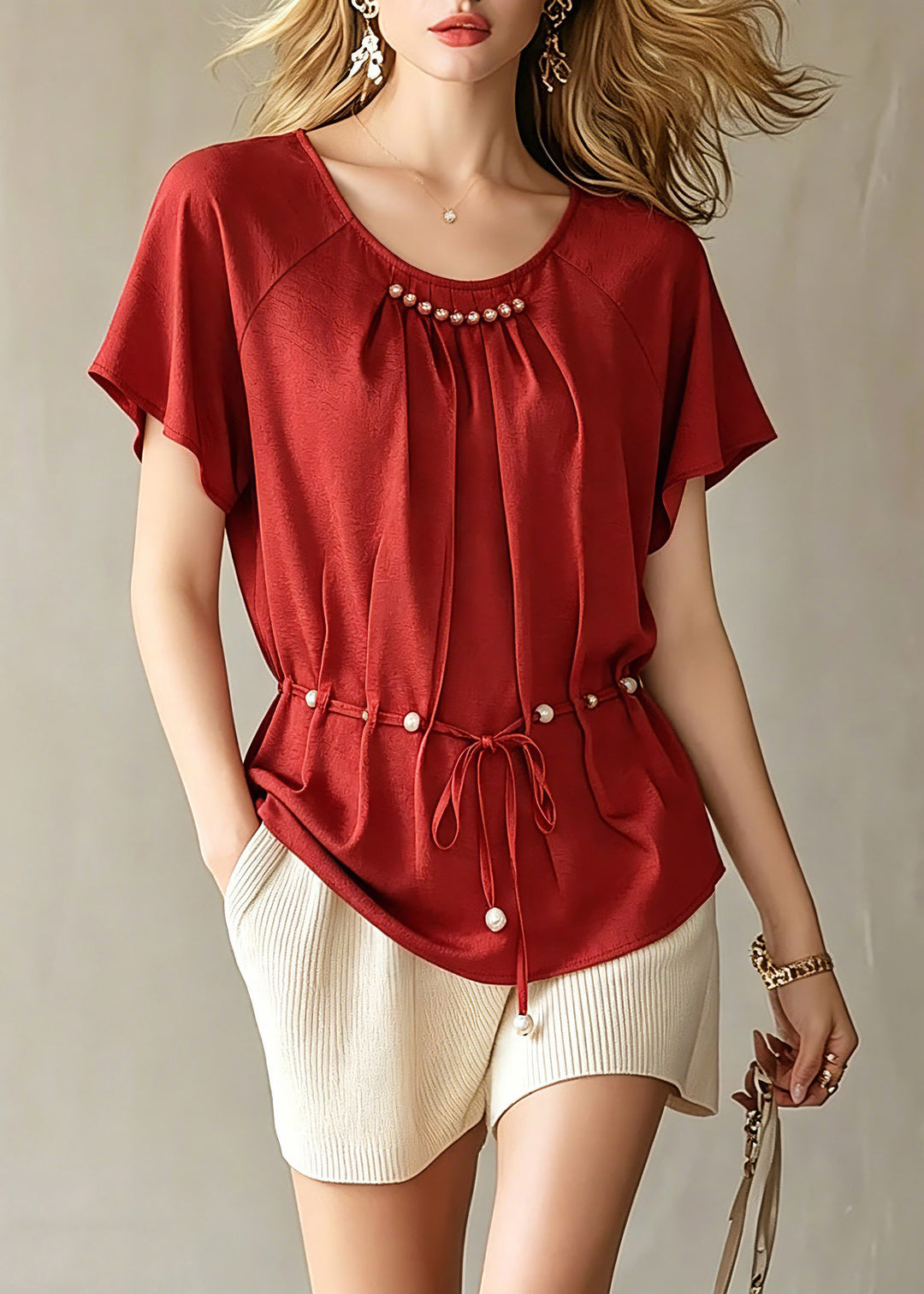 Fashion Red Wrinkled Tie Waist Chiffon Top Short Sleeve