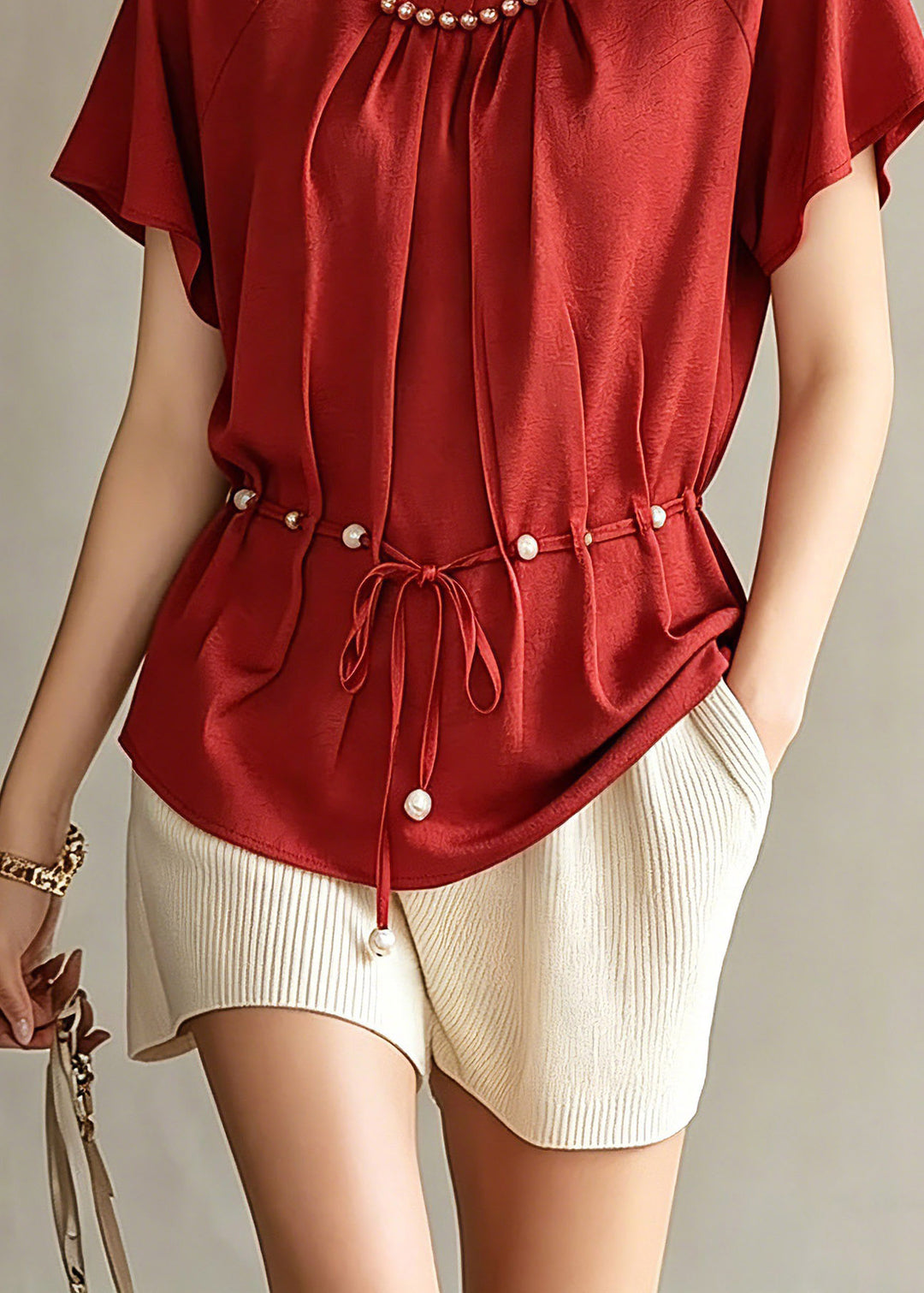 Fashion Red Wrinkled Tie Waist Chiffon Top Short Sleeve