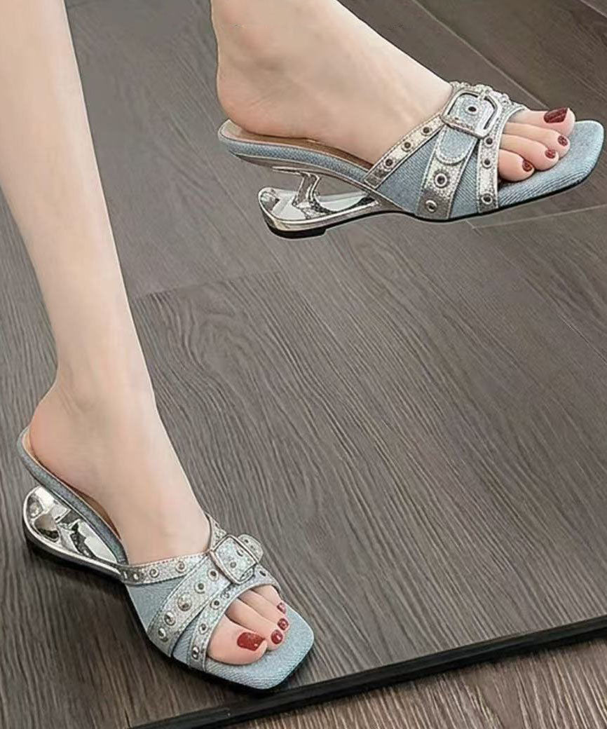 Fashion Rivet Splicing Wedge Blue Faux Leather Slide Sandals
