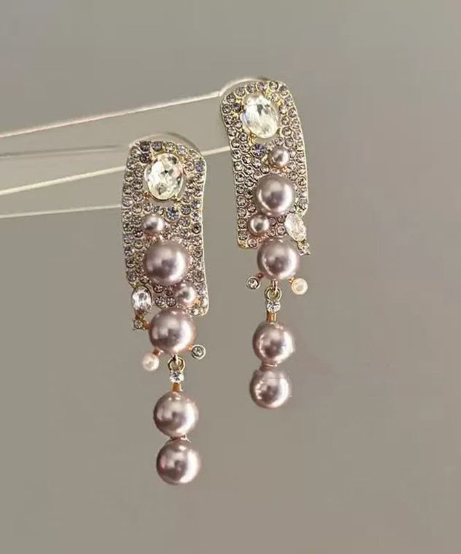 Fashion Rose Alloy Zircon Pearl Tassel Drop Earrings