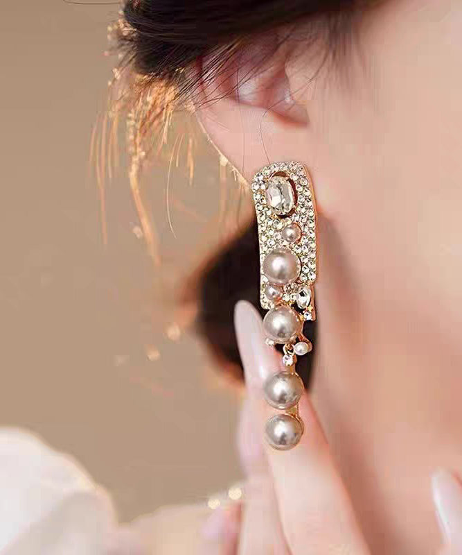 Fashion Rose Alloy Zircon Pearl Tassel Drop Earrings