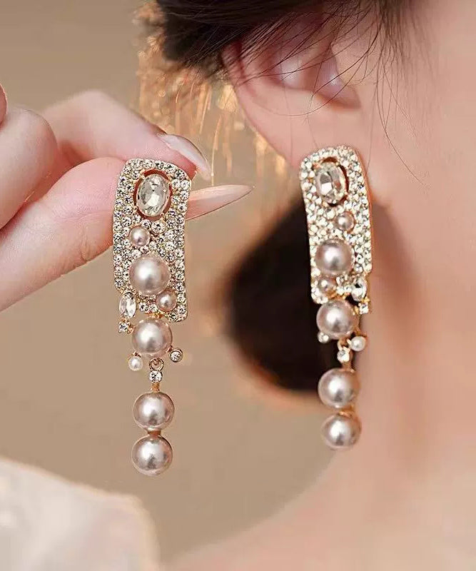 Fashion Rose Alloy Zircon Pearl Tassel Drop Earrings