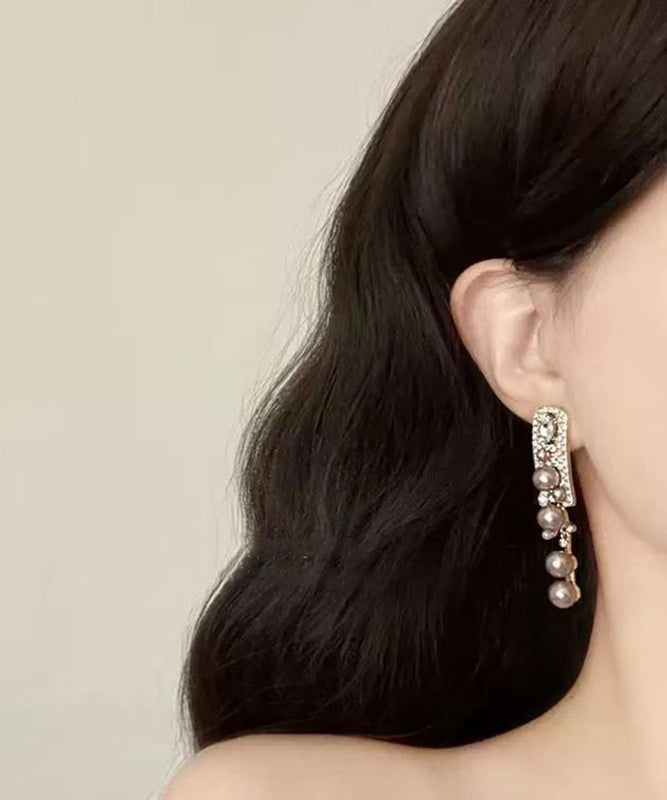 Fashion Rose Alloy Zircon Pearl Tassel Drop Earrings
