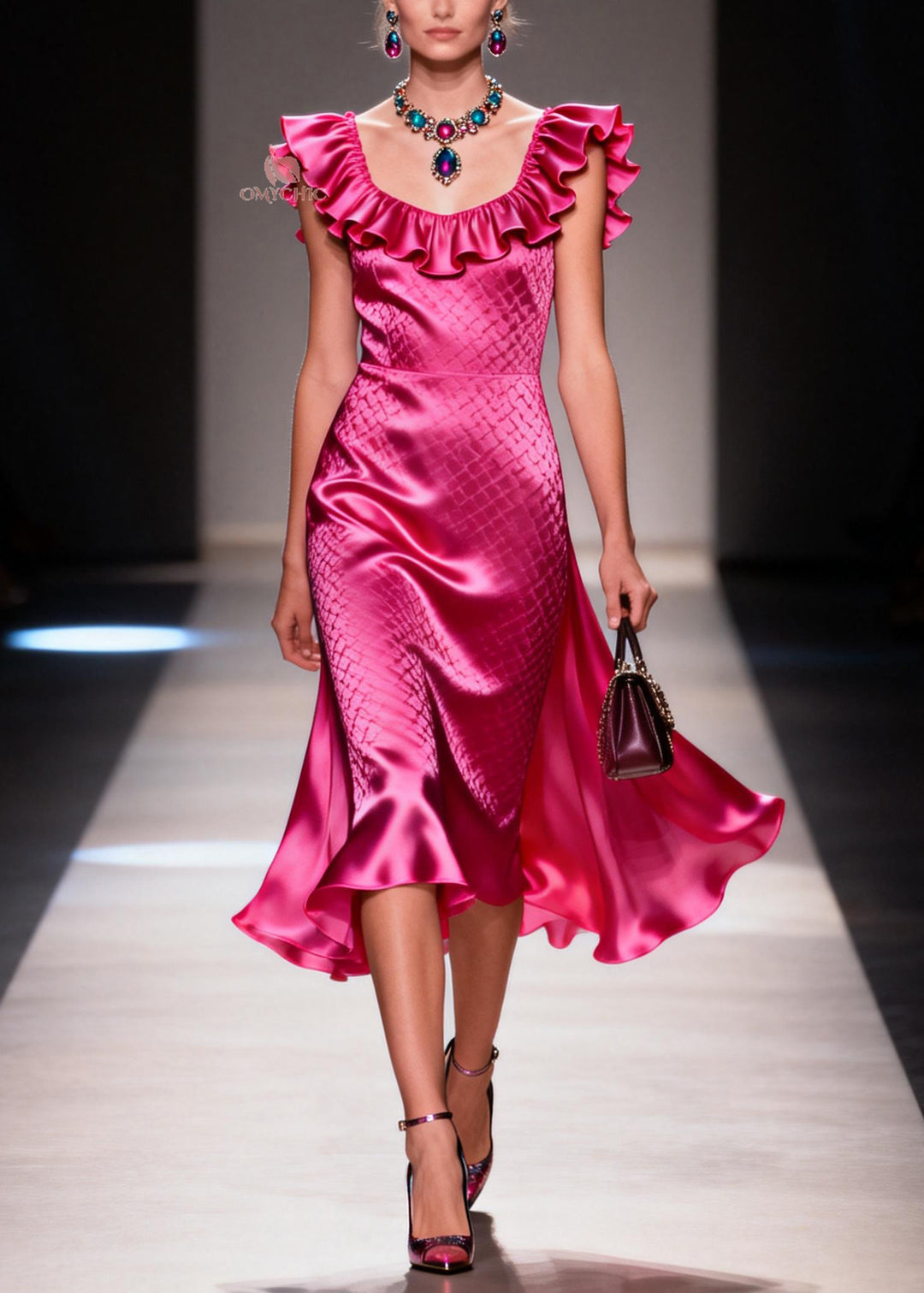 Fashion Rose Ruffled Patchwork Silk Holiday Dress Summer