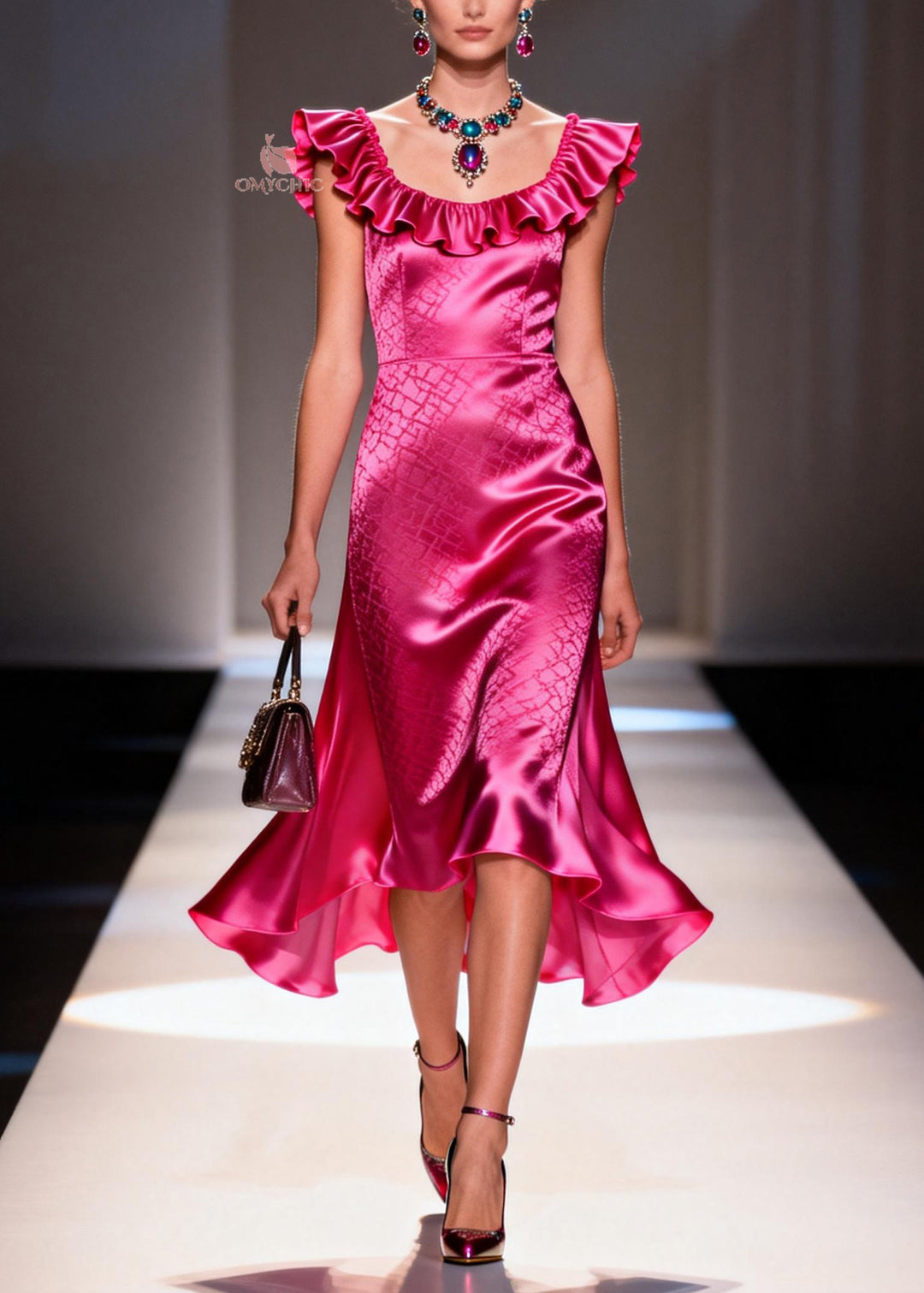 Fashion Rose U Neck Ruffled Patchwork Silk Dress Summer