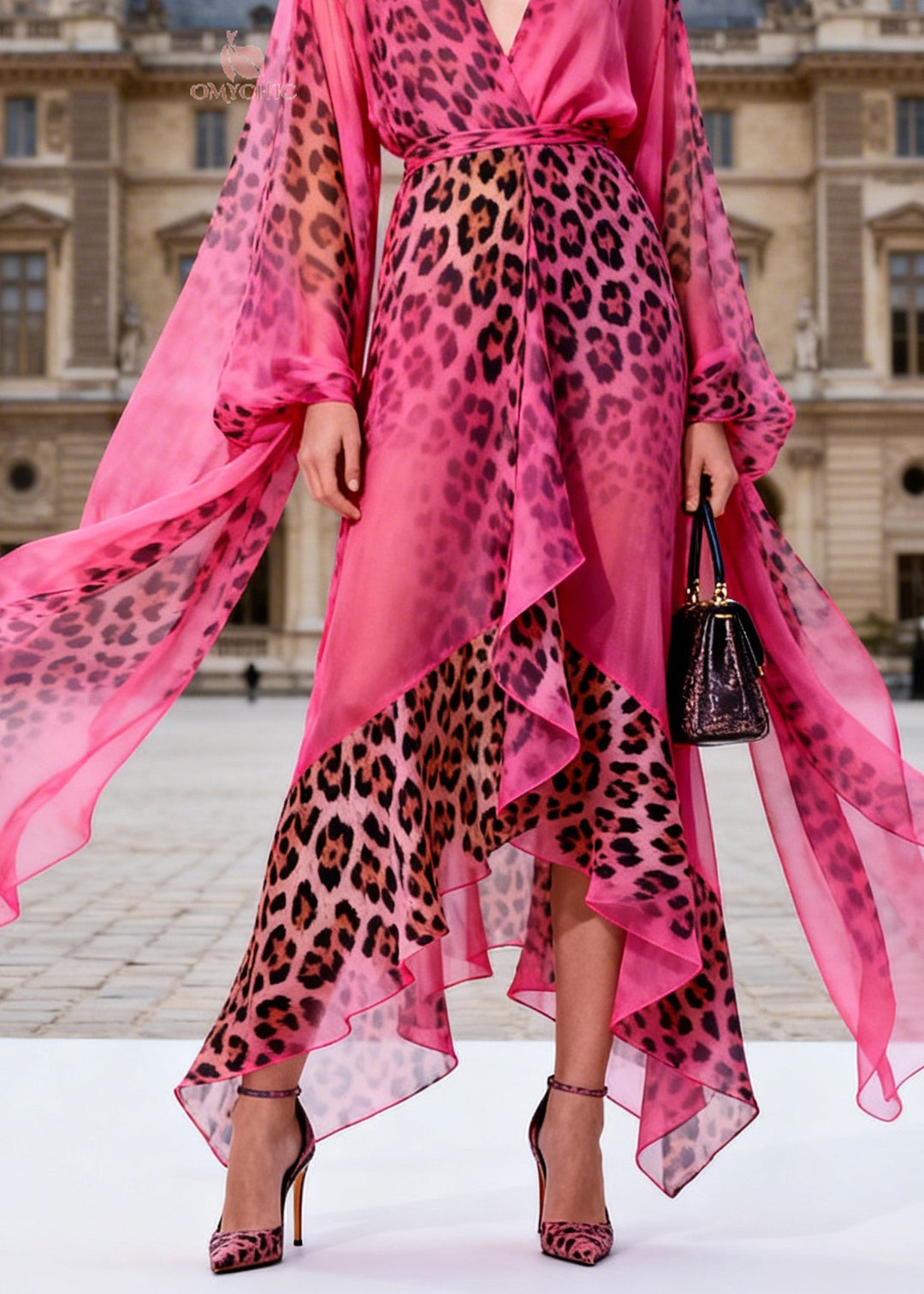 Fashion Rose V Neck Asymmetrical Design Leopard Print Chiffon Dress Summer