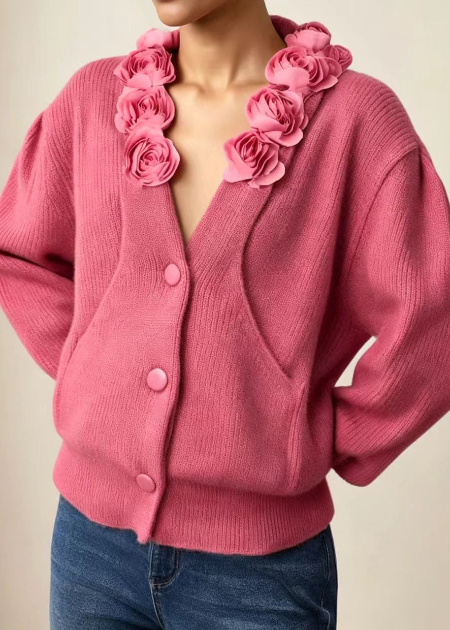 Fashion Rose V Neck Floral Knit Cardigan Long Sleeve