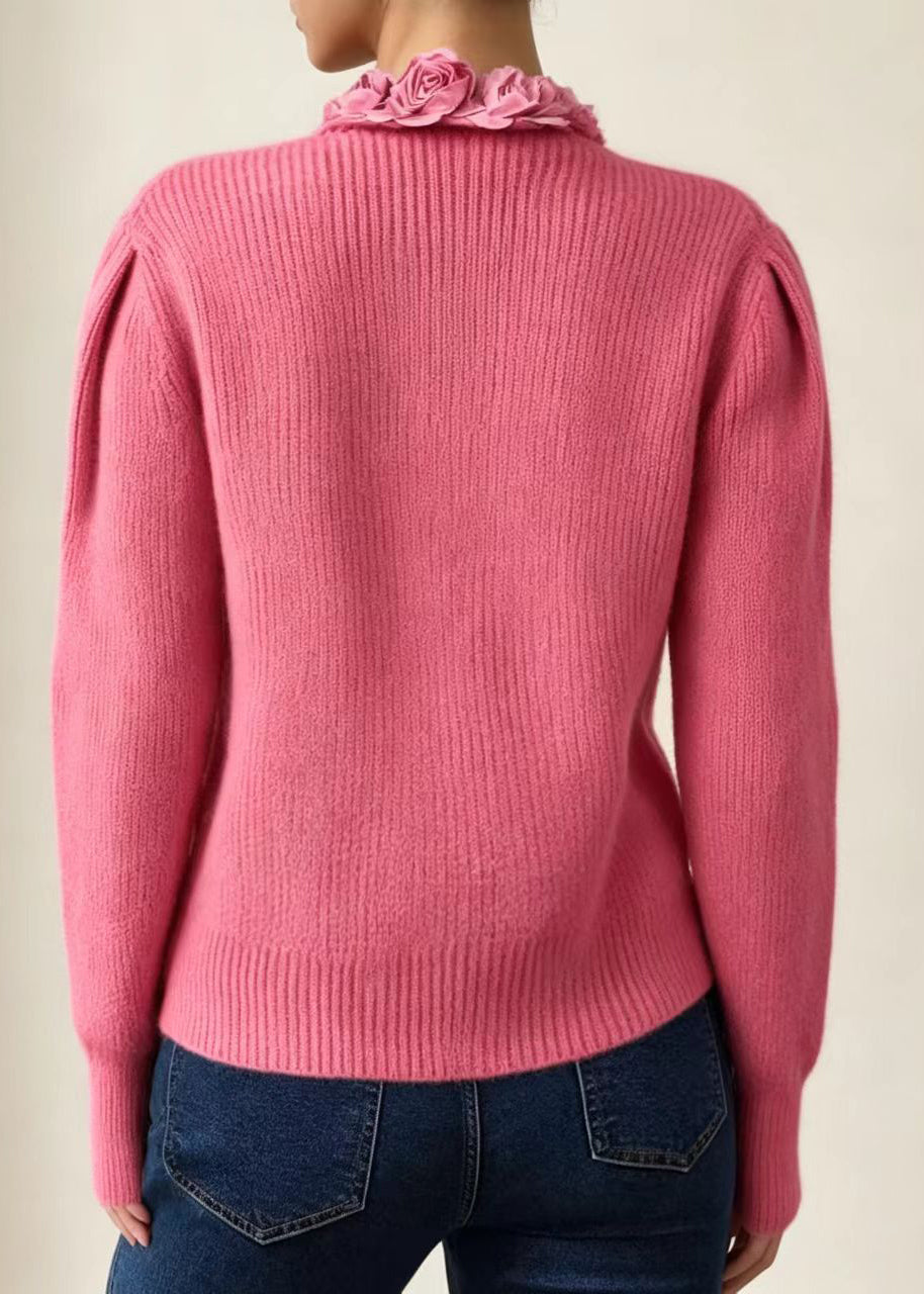 Fashion Rose V Neck Floral Knit Cardigan Long Sleeve