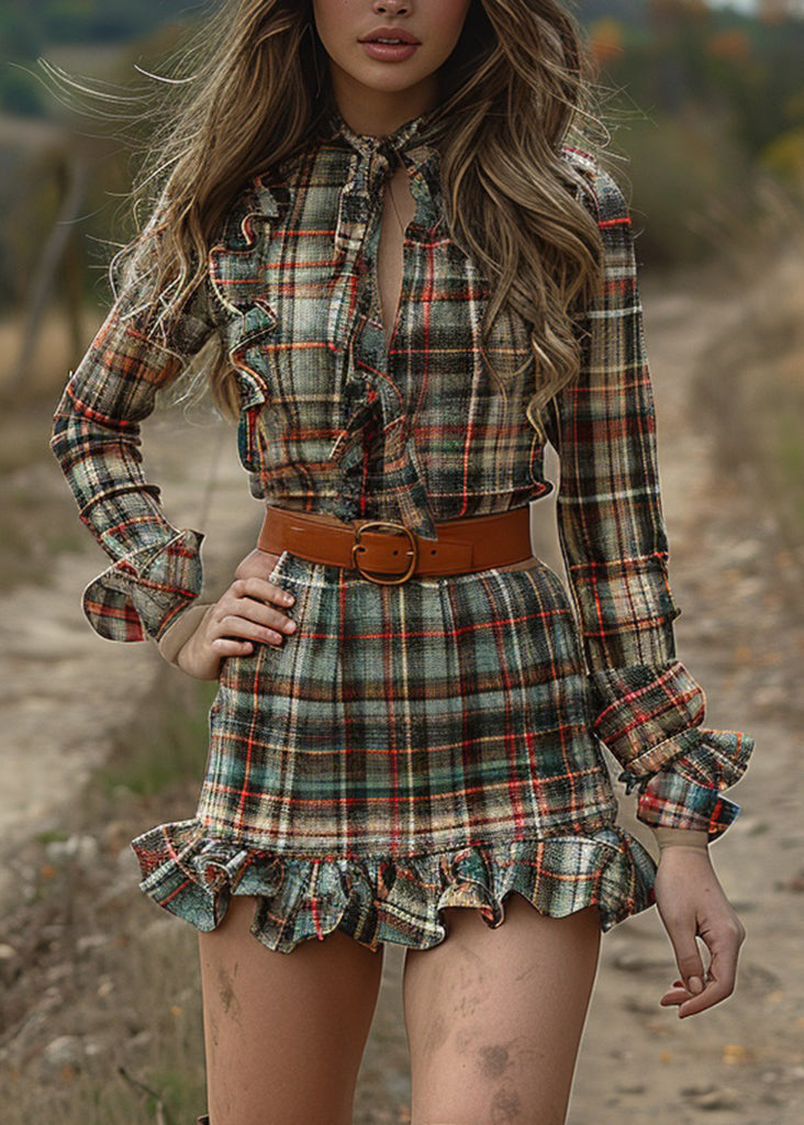 Fashion Ruffled Plaid Pastoral Style Long Sleeve Mini Dress