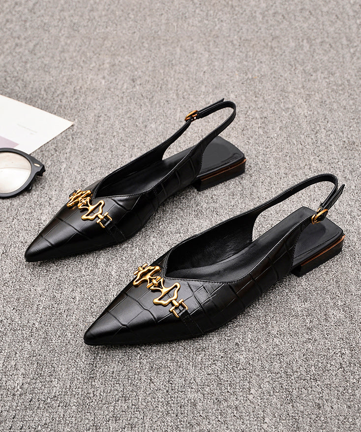 Fashion Sequined Splicing Sandals Black Cowhide Leather Pointed Toe