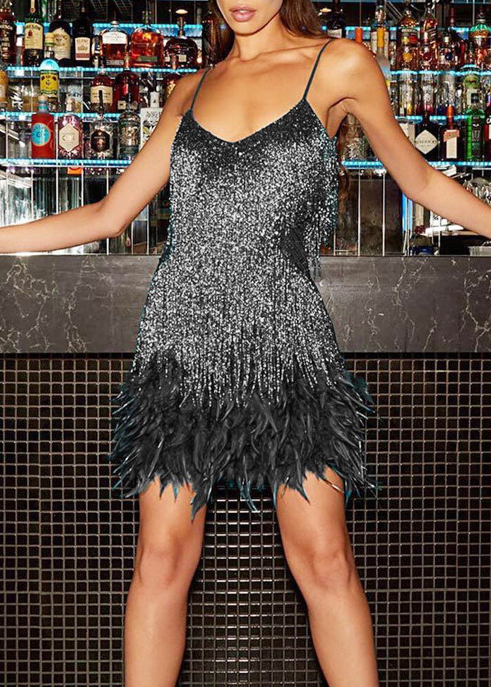 Fashion Sexy Pink V-Neck Tassel Sequin Feather Patchwork Suspender Dress