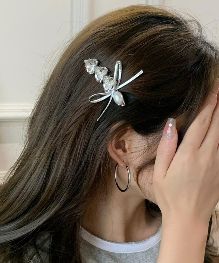 Fashion Silk Alloy Zircon Love Crystal Pearl Bow Hairpin