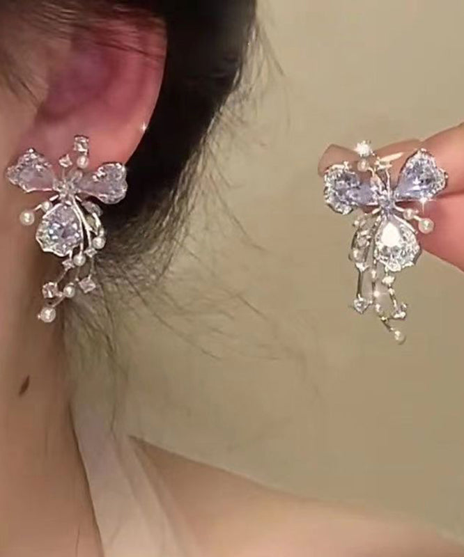Fashion Silk Copper Zircon Pearl Floral Stud Earrings
