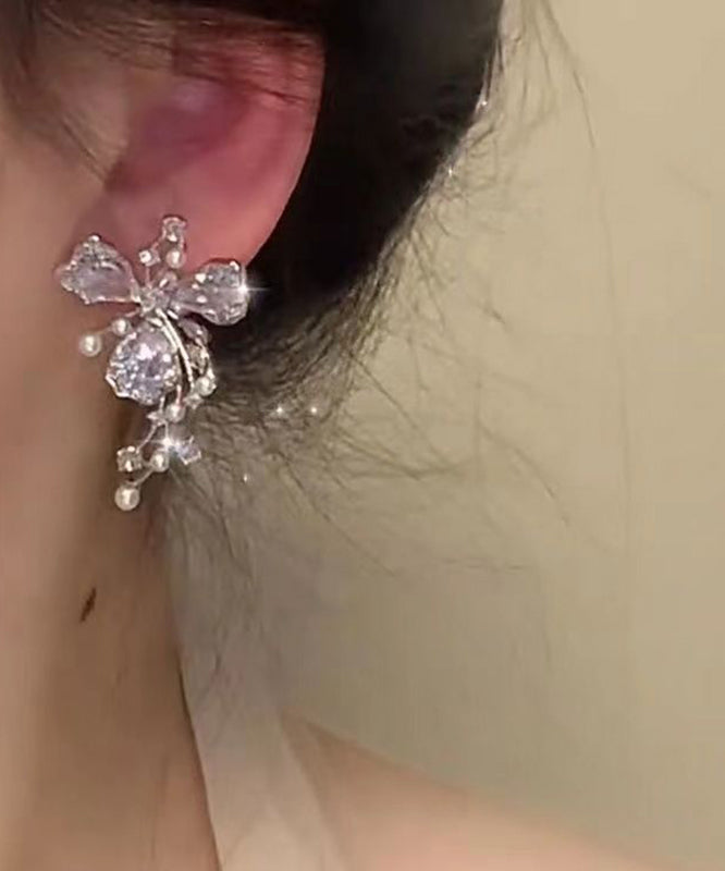 Fashion Silk Copper Zircon Pearl Floral Stud Earrings