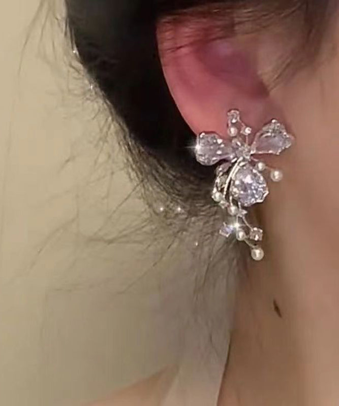 Fashion Silk Copper Zircon Pearl Floral Stud Earrings