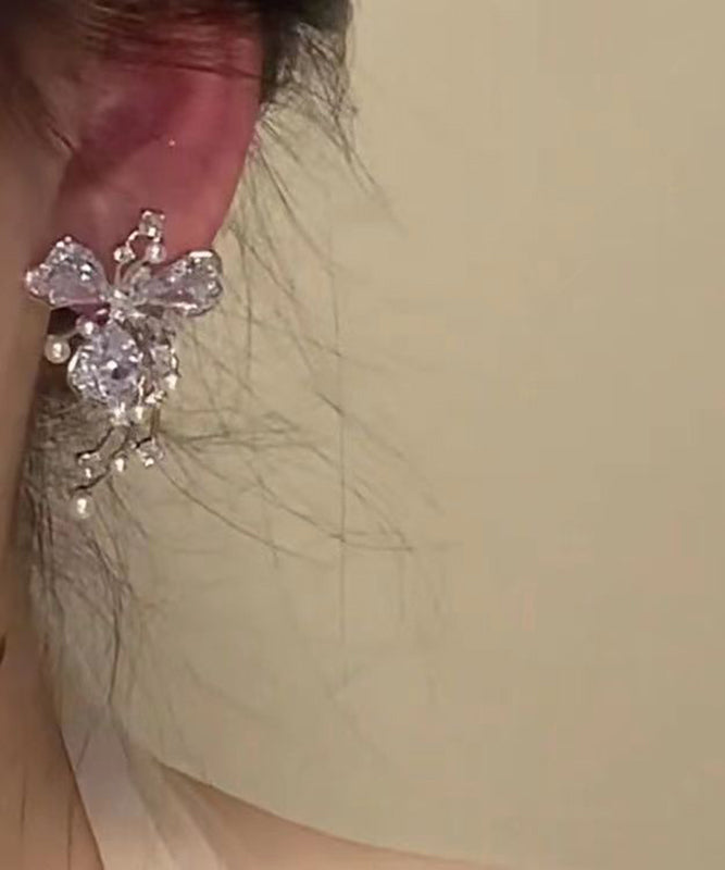 Fashion Silk Copper Zircon Pearl Floral Stud Earrings