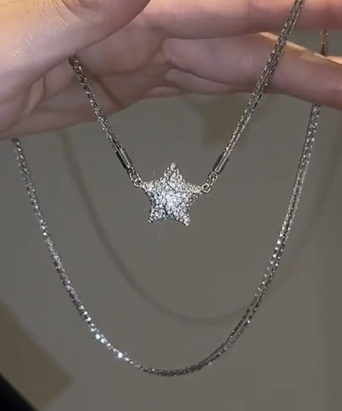Fashion Silk Sterling Silver Zircon Five-Pointed Star Pendant Necklace