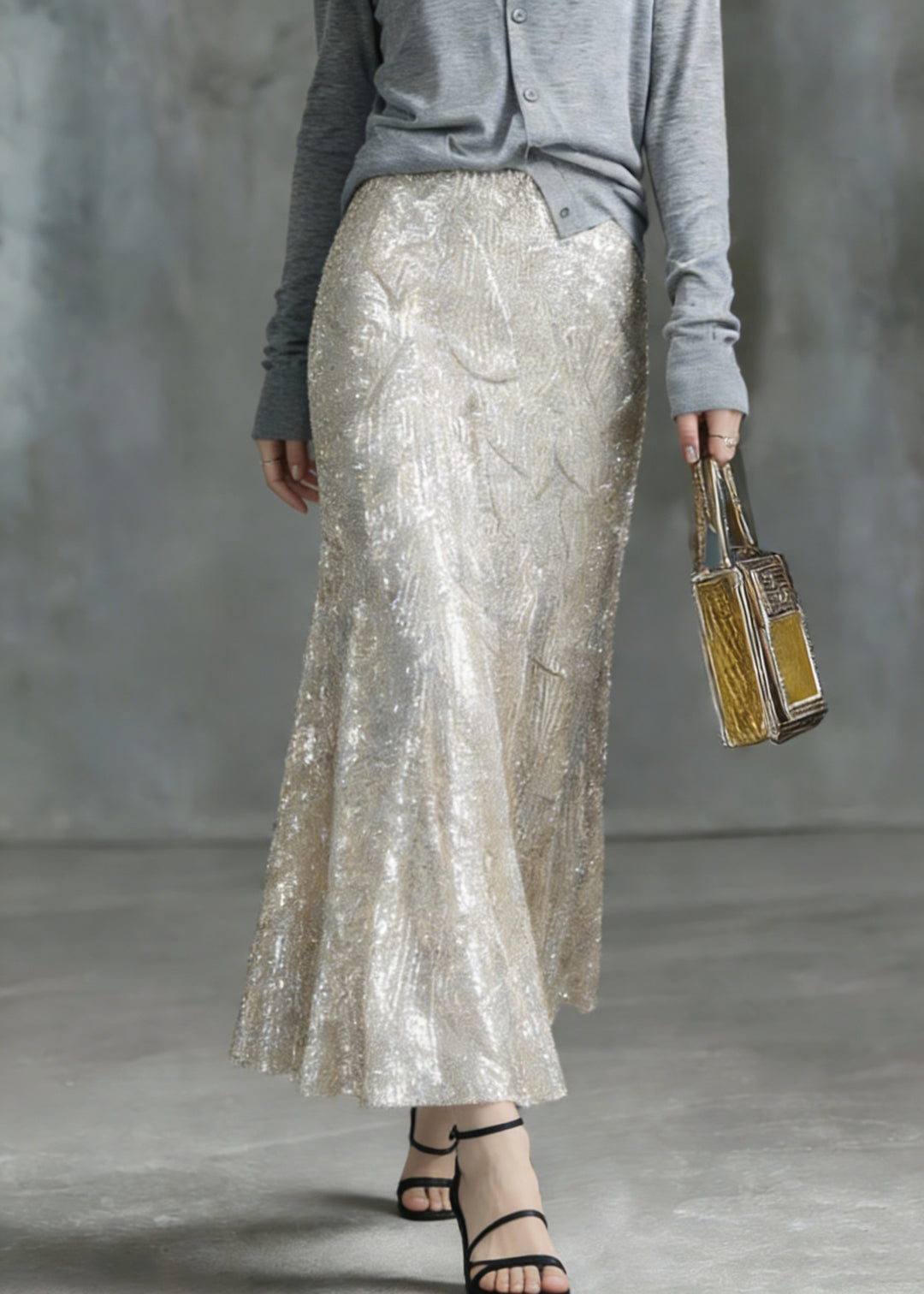 Fashion Silver High Waist Sequins A Line Skirt - Omychic