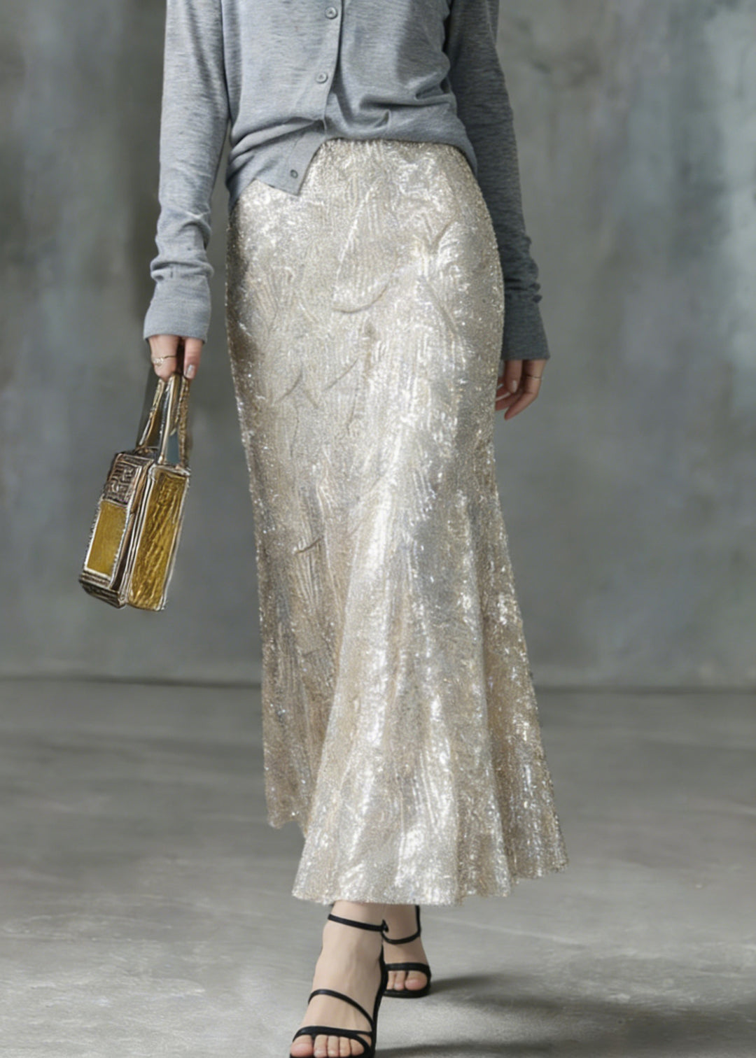 Fashion Silver High Waist Sequins A Line Skirt - Omychic