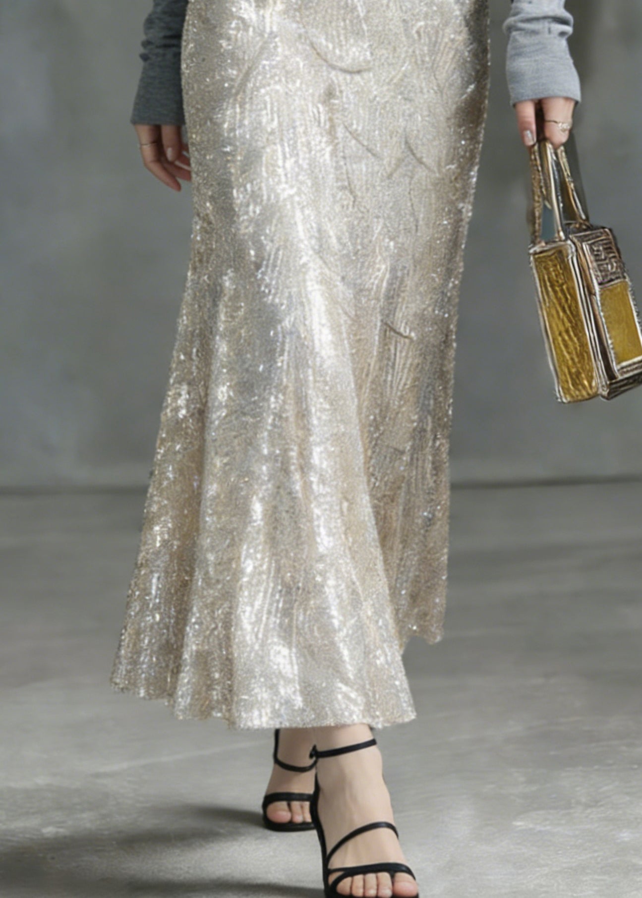 Fashion Silver High Waist Sequins A Line Skirt - Omychic