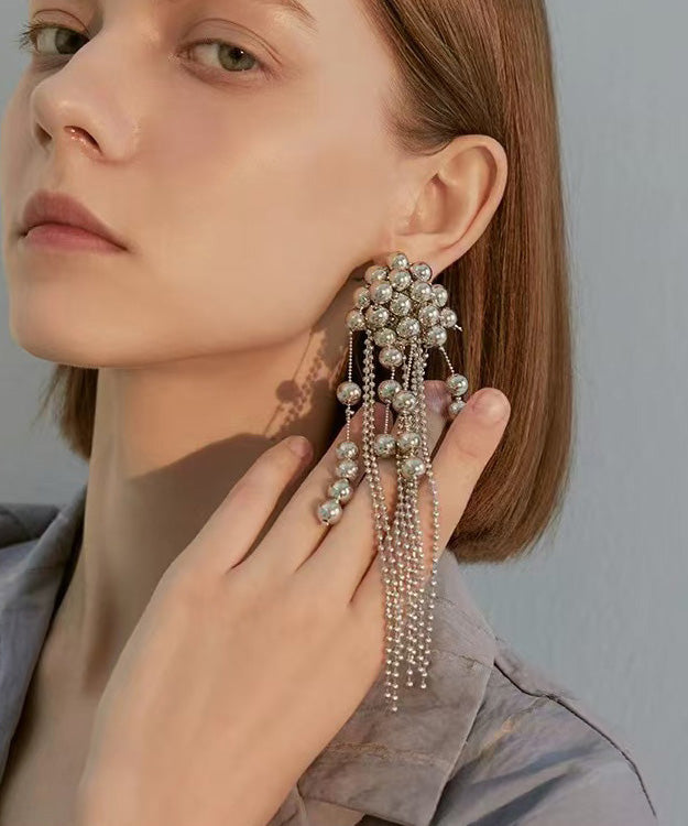 Fashion Silver Needle Single Piece Tassel Metal Ball Earrings