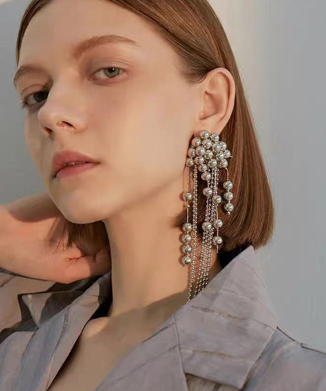 Fashion Silver Needle Single Piece Tassel Metal Ball Earrings