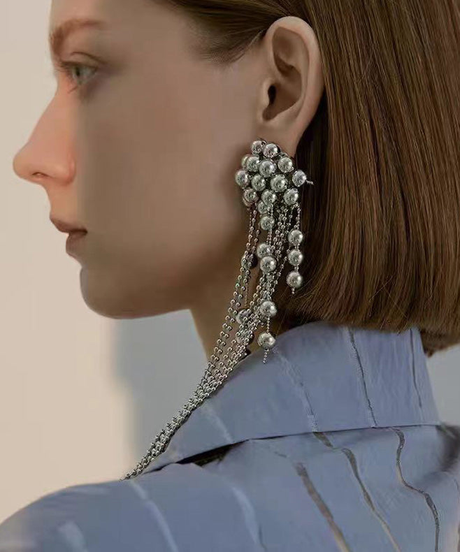 Fashion Silver Needle Single Piece Tassel Metal Ball Earrings