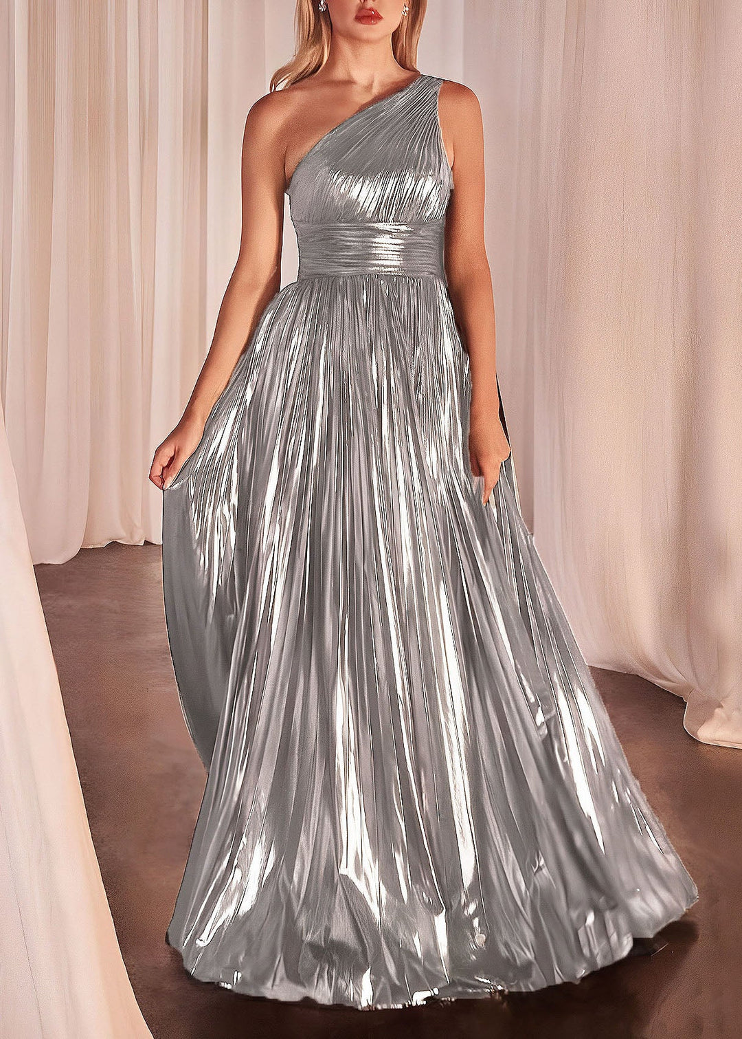 Fashion Silver One Shoulder Wrinkled Patchwork Silk Dresses Summer