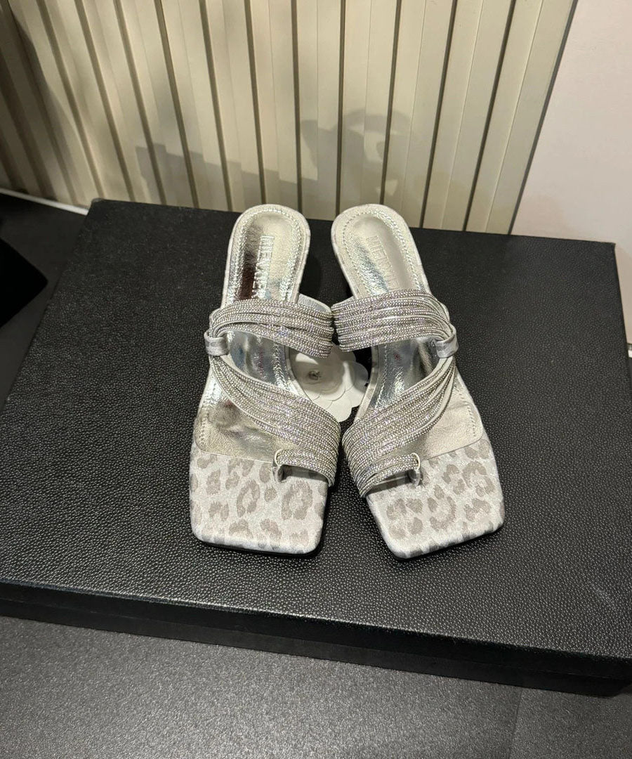 Fashion Silver Zircon Square Toe High-Heeled Set Toe Slippers