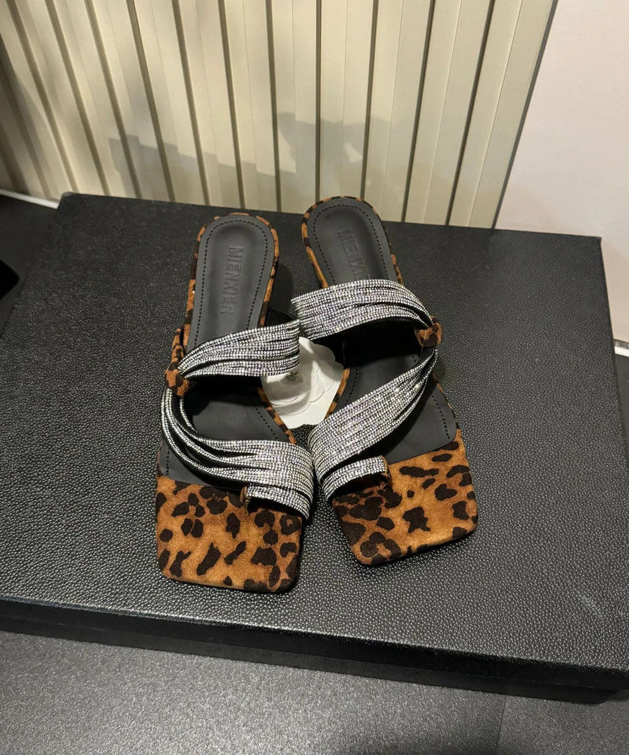 Fashion Silver Zircon Square Toe High-Heeled Set Toe Slippers