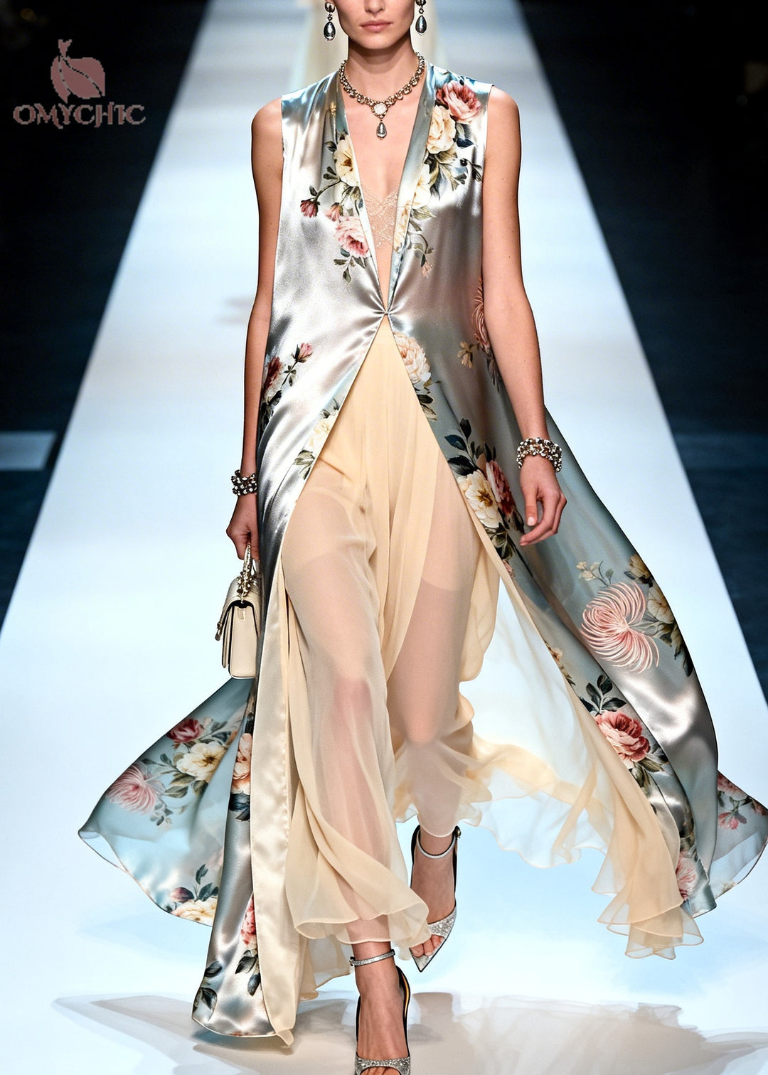 Fashion Silvery Print Chiffon Long Dress Two Pieces Set Summer