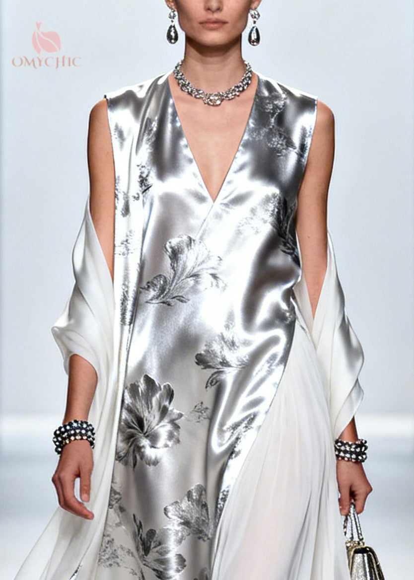 Fashion Silvery Print Patchwork Draping Silk Long Dress Summer
