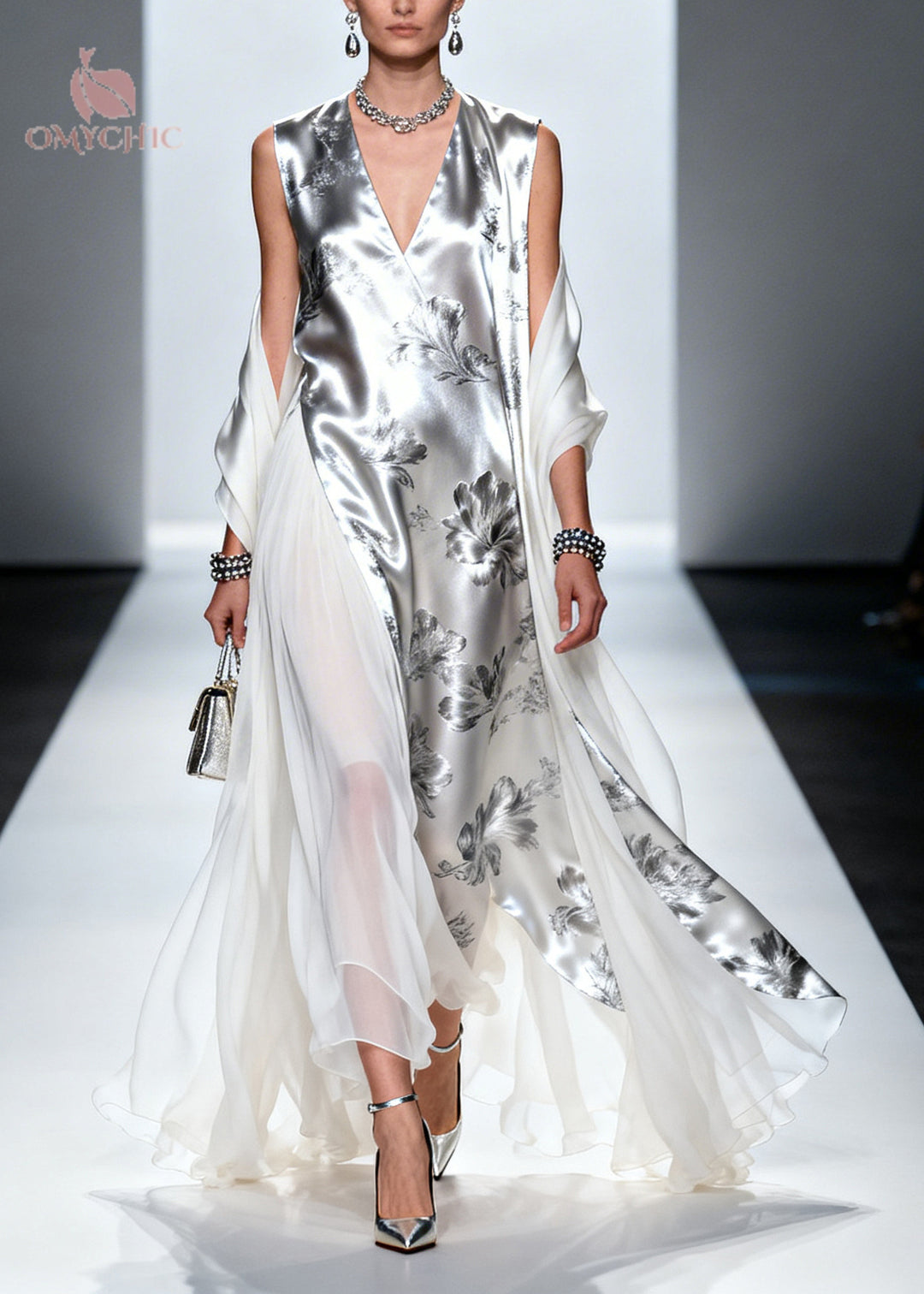 Fashion Silvery Print Patchwork Draping Silk Long Dress Summer