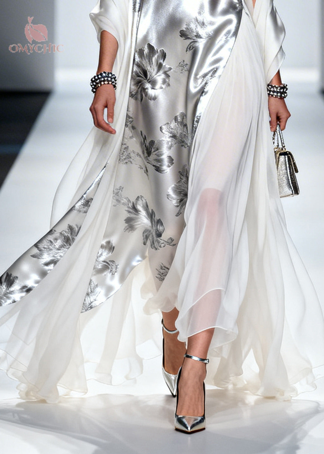 Fashion Silvery Print Patchwork Draping Silk Long Dress Summer