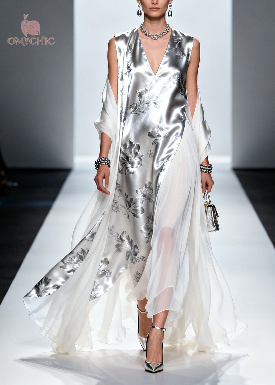 Fashion Silvery Print Patchwork Draping Silk Long Dress Summer