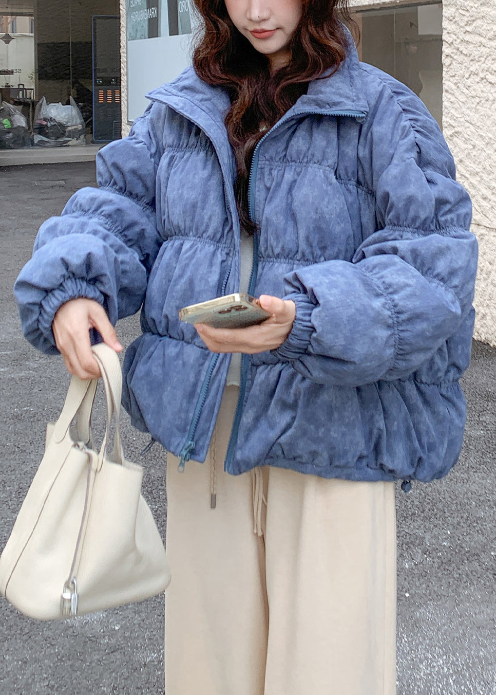 Fashion Sky Blue Oversized Tie Dye Drawstring Duck Down Winter Coats