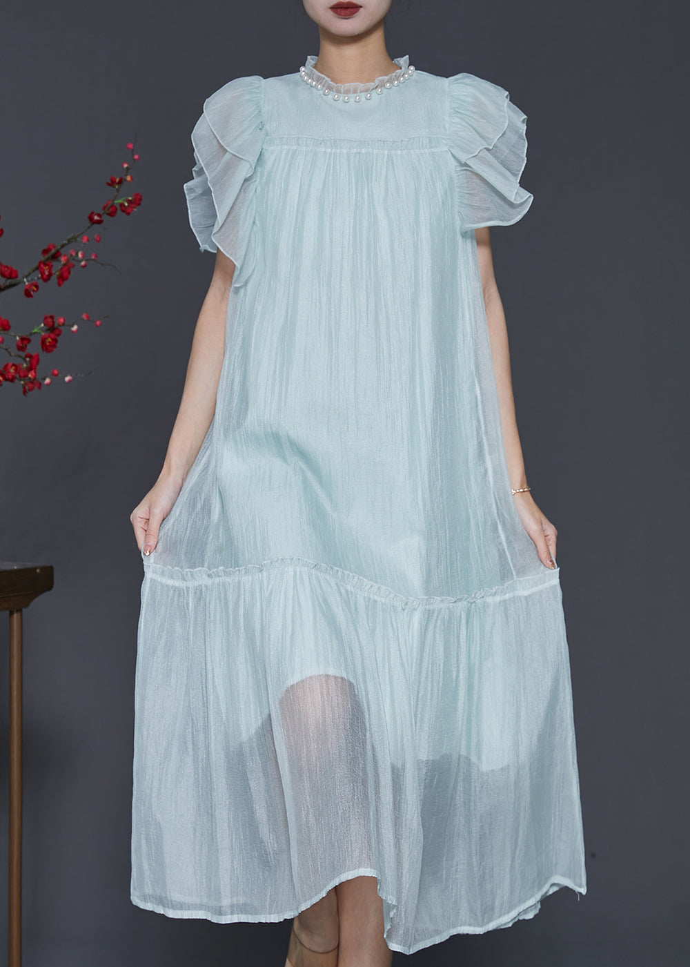 Fashion Sky Blue Ruffled Silk Maxi Dresses Summer