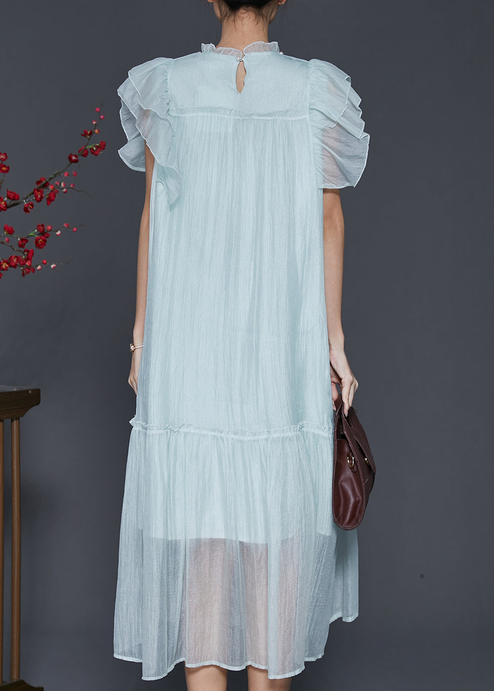 Fashion Sky Blue Ruffled Silk Maxi Dresses Summer