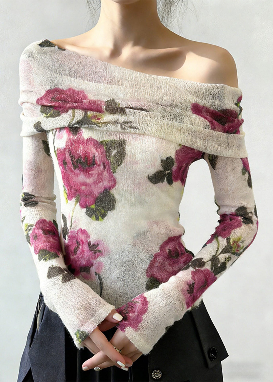 Fashion Slash Neck Print Knitting Cotton T Shirt Spring