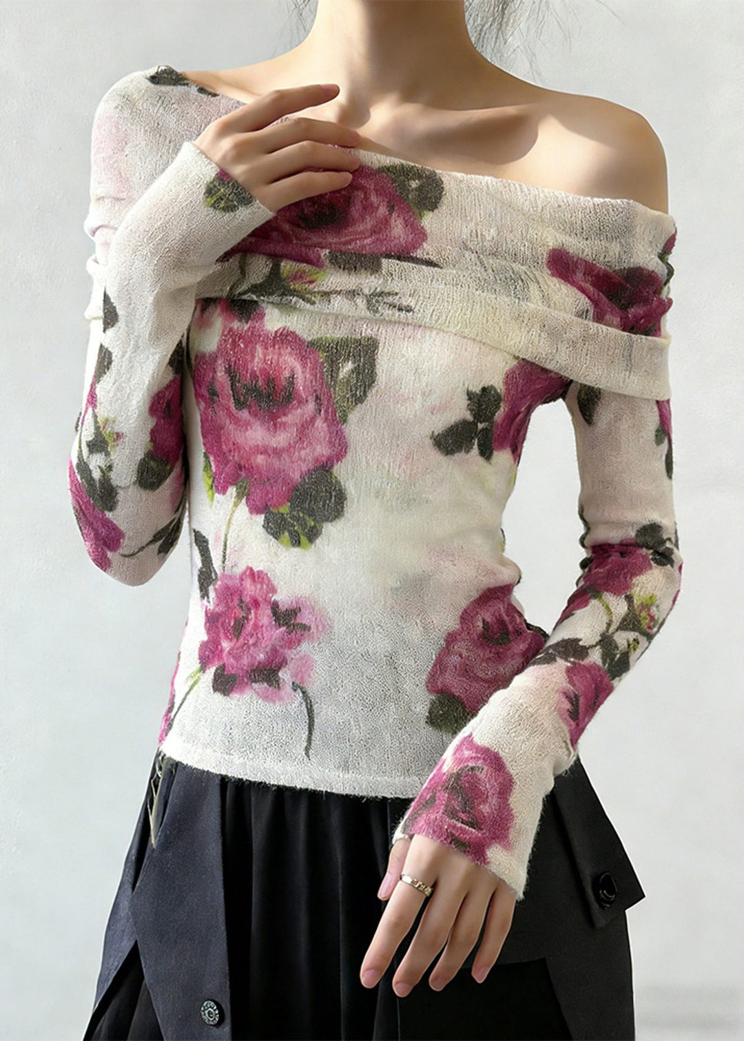 Fashion Slash Neck Print Knitting Cotton T Shirt Spring
