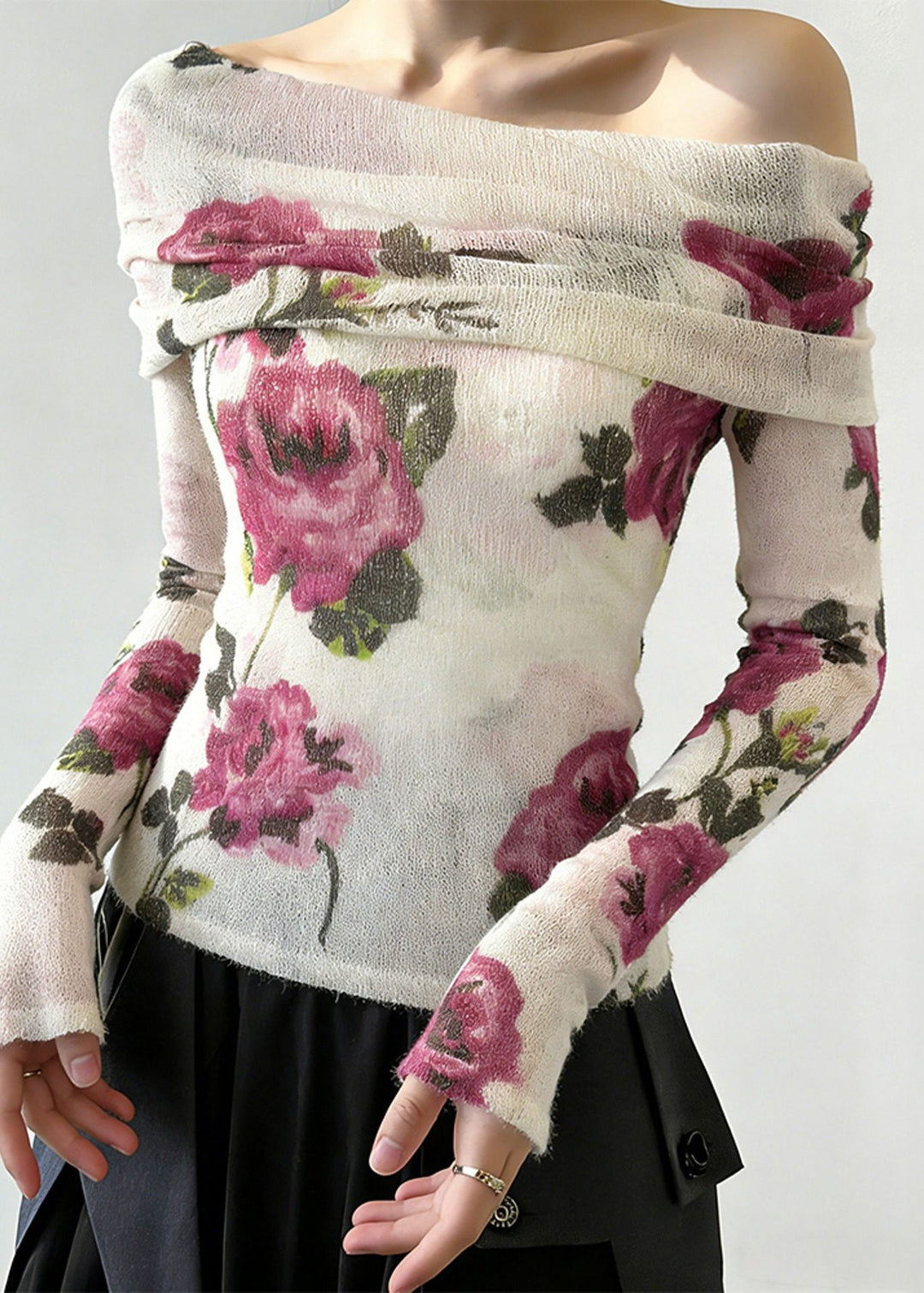 Fashion Slash Neck Print Knitting Cotton T Shirt Spring