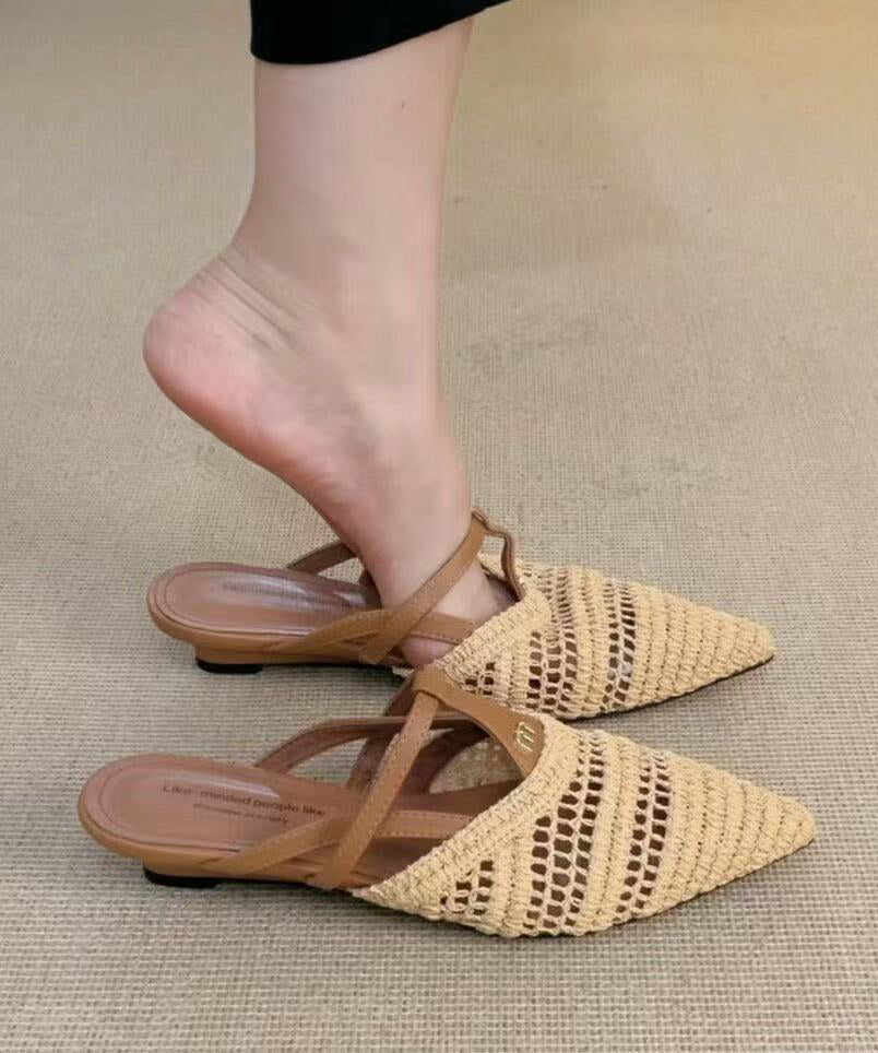 Fashion Splicing Apricot Sheepskin Slide Sandals Pointed Toe