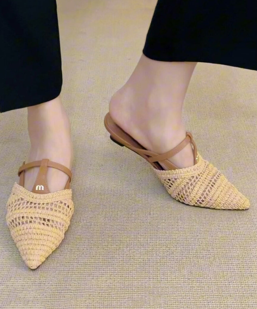 Fashion Splicing Apricot Sheepskin Slide Sandals Pointed Toe